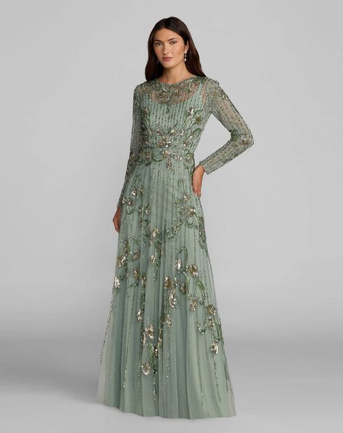 Green Beaded Long Sleeve A Line Gown