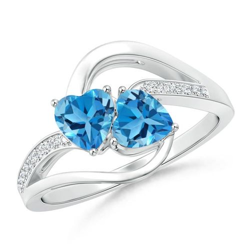 Angara 1.2 Carats Two Stone Heart Swiss Blue Topaz Bypass Ring with Diamonds in Silver