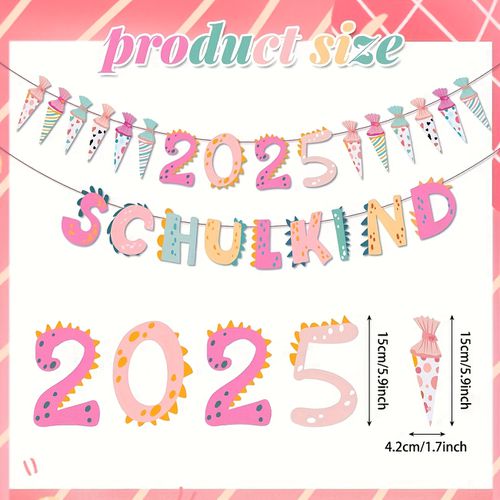 TEMU 2pcs 2025 Pink Banners - Festive Back-to-school Decor With Colorful Confetti & Balloons, Polyester, No Power Needed, Classroom & Party
