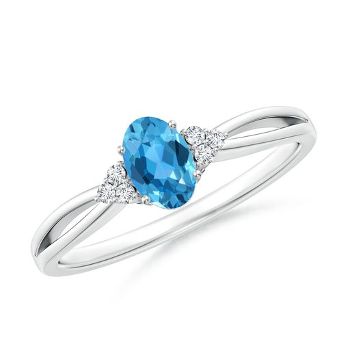 Angara 0.54 Carat Oval Swiss Blue Topaz Split Shank Ring with Trio Diamonds in Platinum