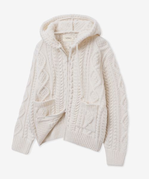 Wool Brush Cable Two Way Hooded Zip-Up Knit_Cream