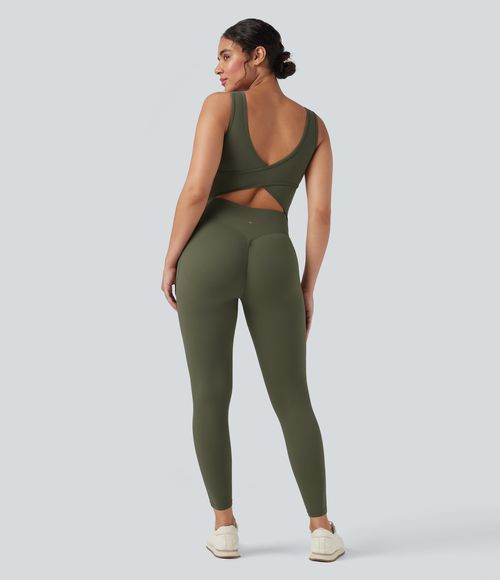 UltraSculpt™ V Neck Tummy Control Butt Lifting Workout Jumpsuit with Pockets Workout Dress - Grass Grey Green