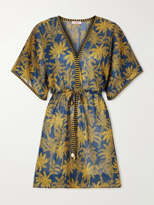 Peninsule Embellished Printed Cotton-voile Mini Dress - Blue