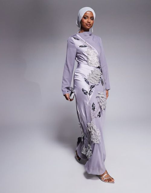 ASOS DESIGN satin chiffon mix embellished maxi dress with cowl neck in dusky purple-Gray
