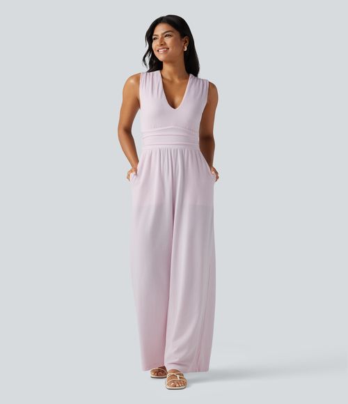 V Neck Sleeveless Built-in Bra Stripe Casual Jumpsuit with Pockets-Easy Peezy Edition  - Candy Cone Stripe