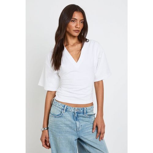 Boohoo Womens Tall V-Neck Cinched Waist T-Shirt - White Cotton