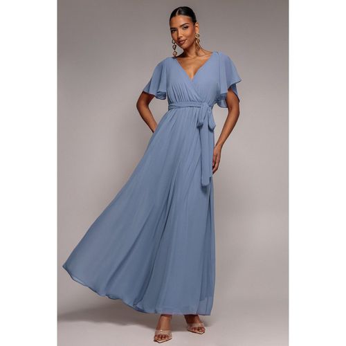 Goddiva Chiffon Flutter Sleeve Wrap Maxi Dress - Airforce Blue