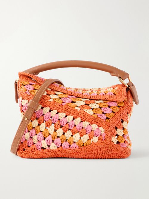 + Paula's Ibiza Puzzle Edge Mini Leather-trimmed Crocheted Raffia Shoulder Bag