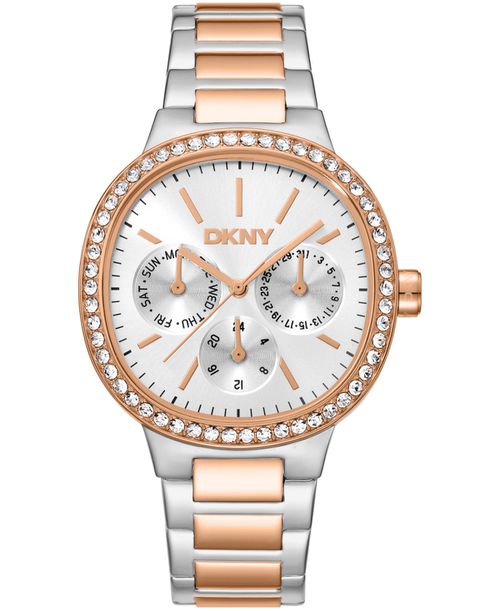 Women's Silver Dial Crystal Bezel Two-Tone Red Gold Stainless Steel Bracelet Multifunctional Watch, 36mm - Silver