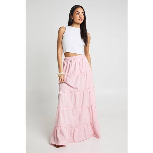 Boohoo Women's Tiered Cotton Poplin Maxi Skirt in Pink
