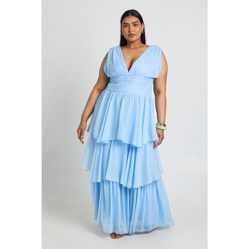 Boohoo Women's Plus Chiffon Layered Plunge Front Maxi Dress in Powder Blue