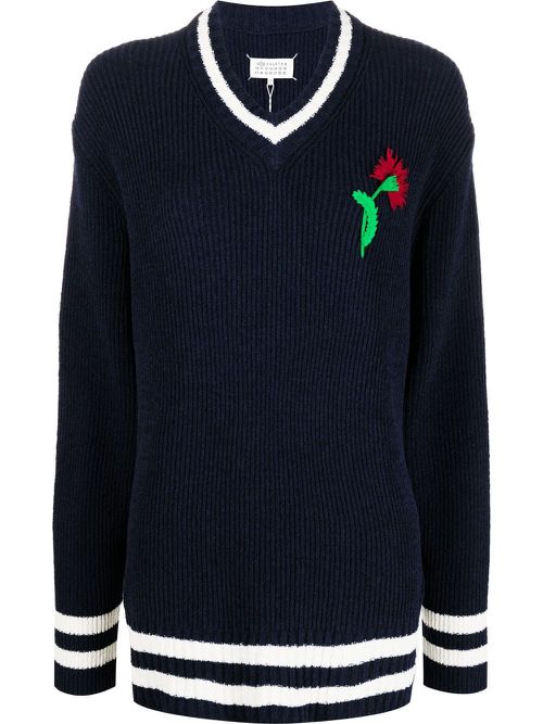 Floral-embroidered V-neck jumper - Blue