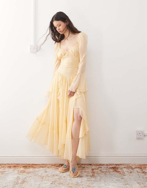 Reclaimed Vintage maxi dress with long sleeves and ruffles in butter yellow-White