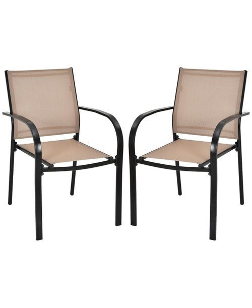 Set of 2 Patio Stackable Dining Chairs with Armrests Garden Deck-Brown - Brown and Black