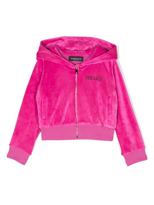 Logo-embellished zip-up velvet hoodie - Pink