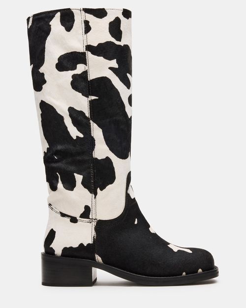 Steve Madden Women's Riggs Black Cow Print Wide Calf Knee High Boots - Black/White - - Genuine Leather