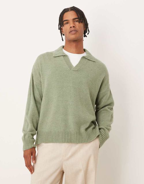 Super oversized boxy fit knitted notch neck polo in sage green marl
