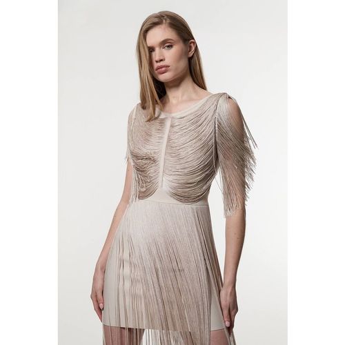 Karen Millen Women's Petite Maxi Draped Fringe Knitted Mini Dress in Silver