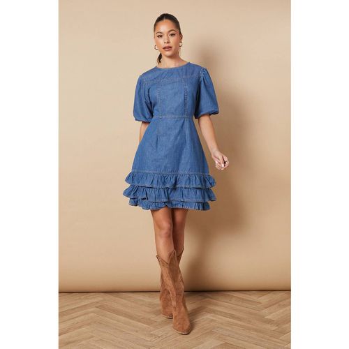 Oasis Women's Short Puff Sleeve Detail Denim Mini Dress in Mid Wash