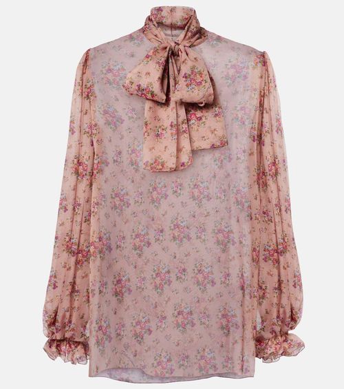 Floral tie-neck silk blouse