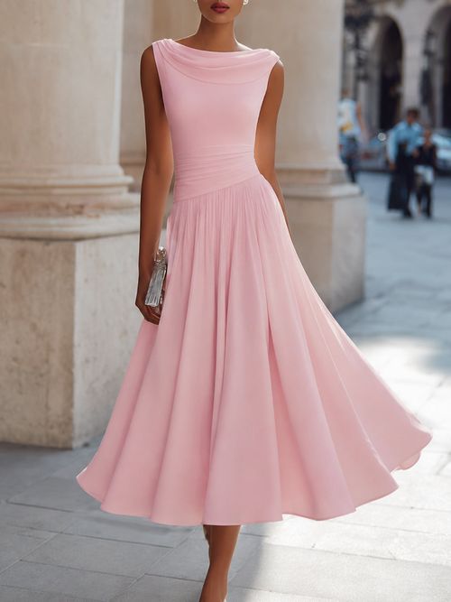 Draped Neck Sleeveless Pleated Midi Dress - Candy Pink
