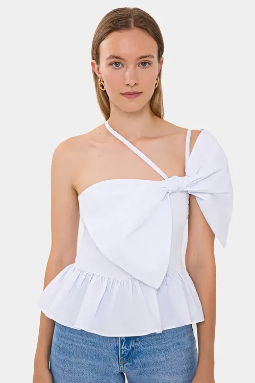 White Cotton Cropped Top With Bow And Asymmetrical Tie Women