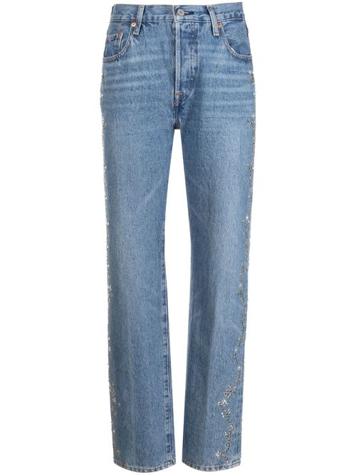 Eyelet-embellished cotton tapered jeans - Blue