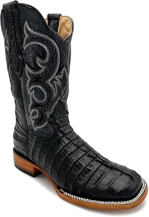 Men’s Genuine Leather Exotic Crocodile Caiman Tail Print Square Toe Cowboy Western Boots - Black (Black, US Footwear