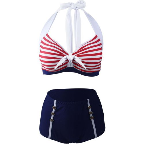 Vintage 2pcs Stripe Halter Bikini Navy Red