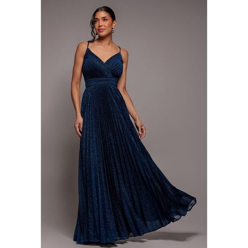 Sleeveless Pleated A Line Lurex Maxi Dress - Navy Blue by Goddiva