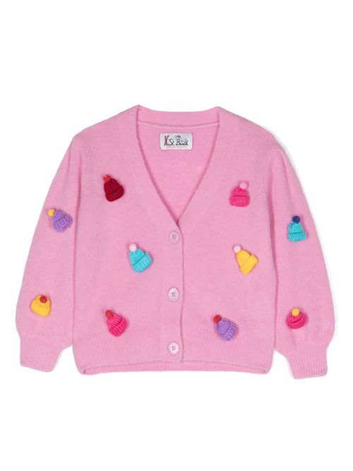 Beanie-embroidered ribbed-knit cardigan - Pink