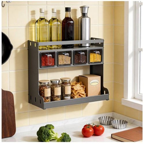 Living And Home 3-Tier Kitchen Spice Rack With 4 Seasoning Boxes In Grey