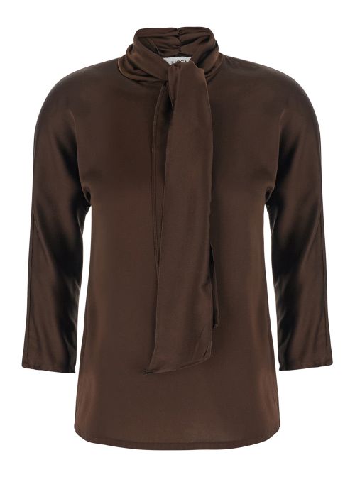 Bow-Neck Silk Blouse — Brown