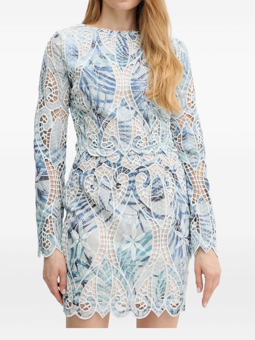 Leaf-print embroidered skirt - Blue
