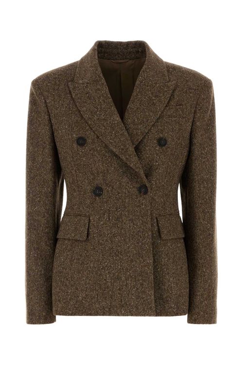 Wool and Nylon Double-Breasted Blazer — Brown