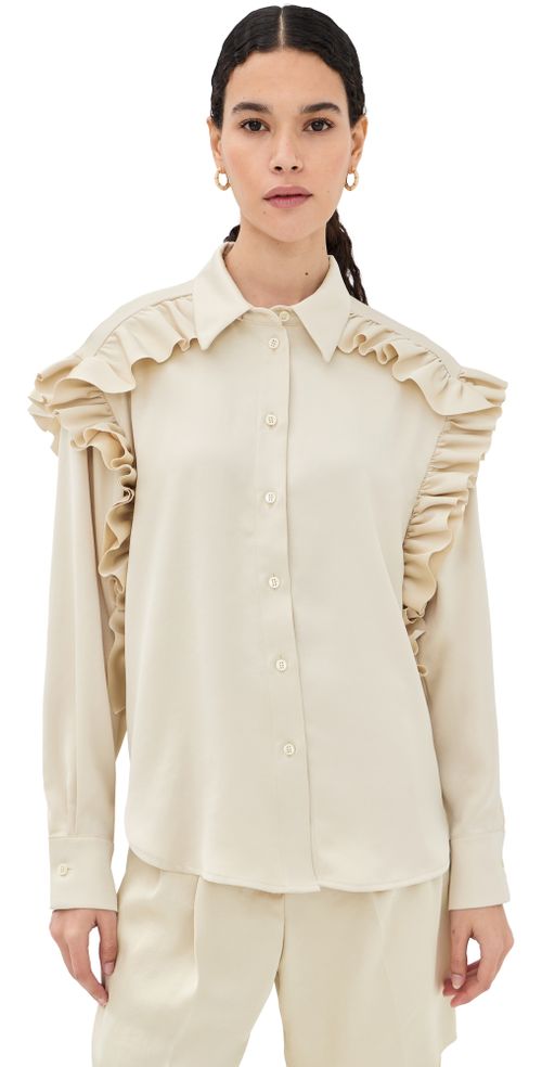 Satin Ruffled Button Down Shirt Butter
