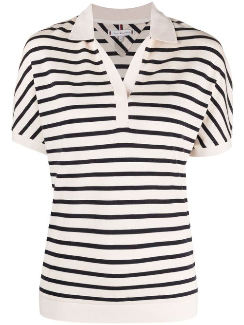 Striped split-neck T-shirt - Neutrals