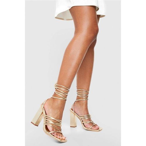 Boohoo Women's Wide Fit Multi Strap Block Heel Tie Up Sandals in Gold