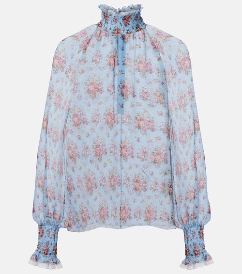 Floral ruffled silk and cotton blouse