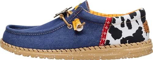 HEYDUDE Men's Toy Story Wally Funk Sheriff Woody Slip On Shoe, White/Faded Denim