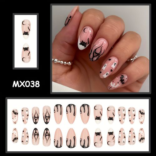TEMU 24pcs Halloween Almond-shaped Press-on Nails - Bat, Black Cat & Blood Splatter Design, & White Medium Length Fake Nails For Women, Durable