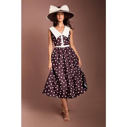 Coast Lisa Tan Polka Dot Collared V Neck Crepe Midi Dress In Espresso