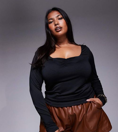 ASOS DESIGN Curve double layer long sleeve sweetheart neck top in black