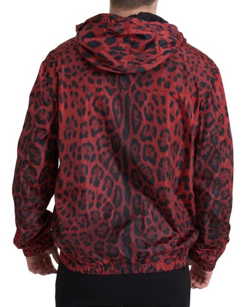 Leopard-Print Hooded Bomber Jacket — Red