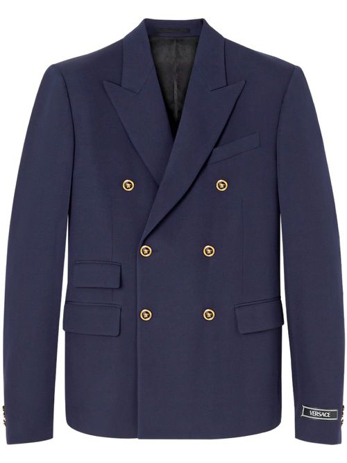 Double-breasted logo-plaque blazer - Blue