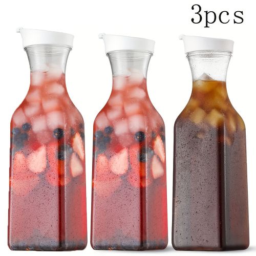 TEMU 3pcs Clear Plastic Water Carafes With Lids - 2l/1.5l/1l Leak-proof Beverage Bottles For Milk, Smoothies, Iced Tea - Durable Square Storage