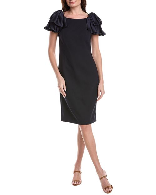 Crepe Boatneck Satin Ruffle Shoulder Dress