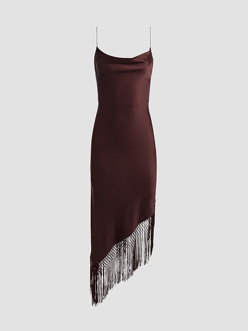 Women's Harmony Drapey Slip Fringe Midi Dress - Dark Chocolate
