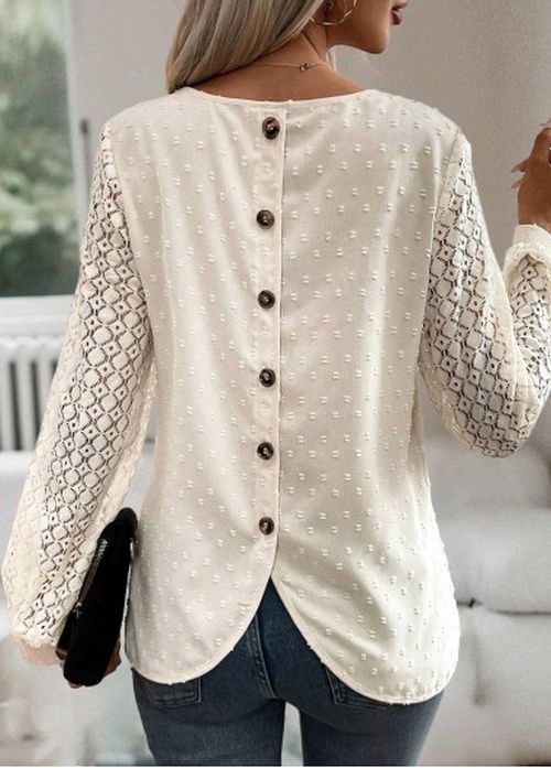 Modlily Beige Button Long Sleeve Round Neck Blouse
