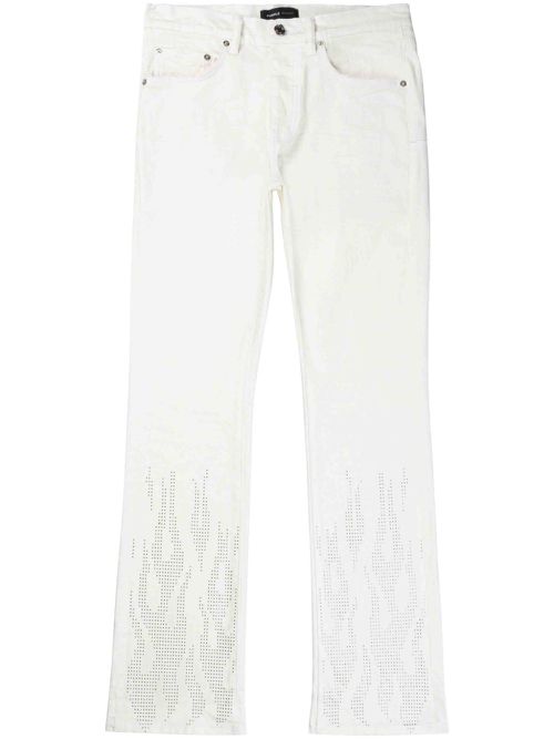 Rhinestone-flame low-rise straight-leg jeans - White
